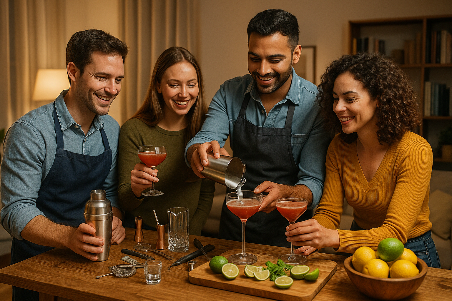 Friends learning to make cocktails at home during a casual DIY mixology night with fresh ingredients and professional tools
