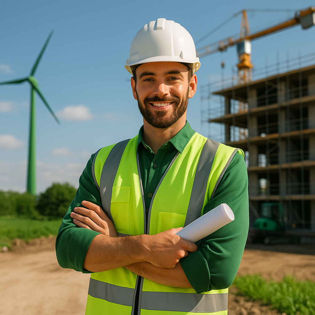 Male construction engineer in a green shirt and high-visibility vest, standing at a sustainable building site with a wind turbine and crane in the background.