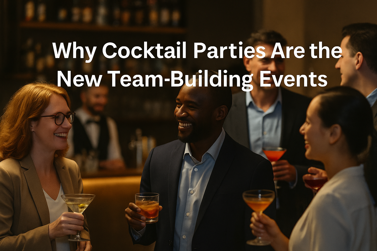 Colleagues networking at a stylish cocktail party during a corporate team-building event