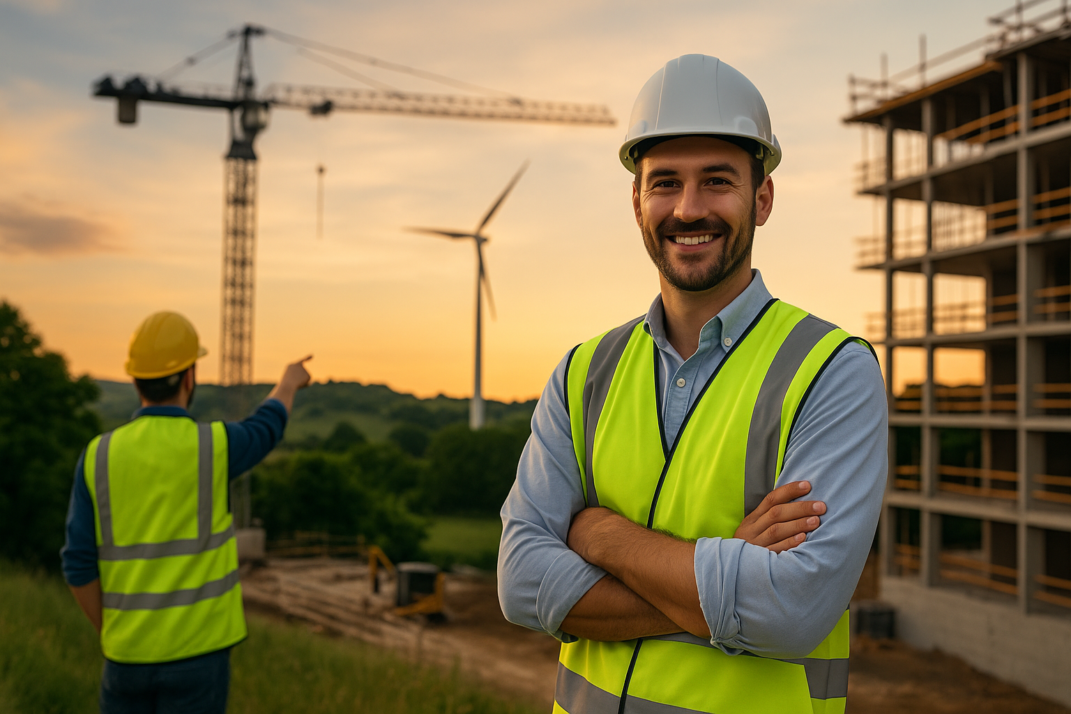 Construction project manager smiling on a sustainable job site at sunset, with crane and wind turbine in the background.
