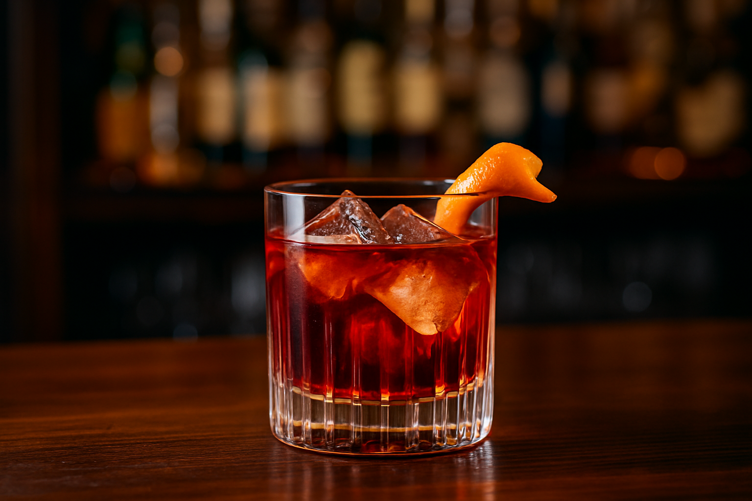 A classic Negroni cocktail served in a rocks glass with a large ice cube and orange peel garnish, on a wooden bar counter.