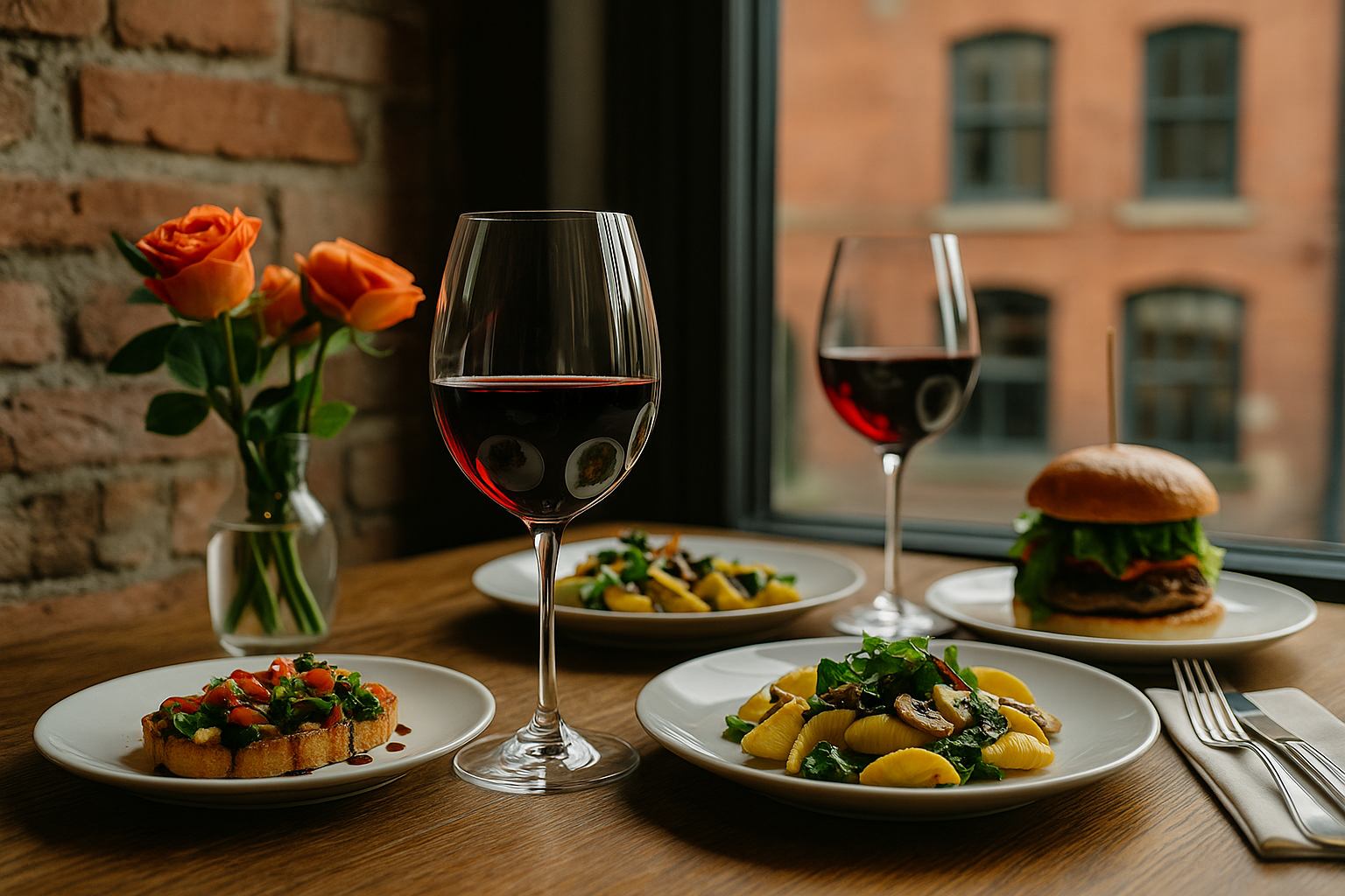 An Italian-style vegan wine tasting table set with pasta, bruschetta, and red wine in a warm, rustic Manchester setting
