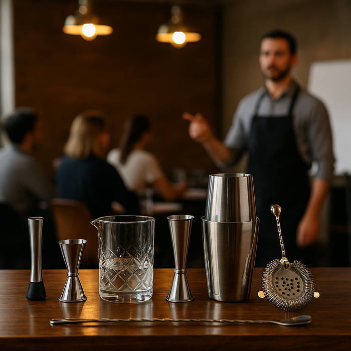 Professional bartending tools on a bar during a training class at Dirextra Wine & Cocktails School