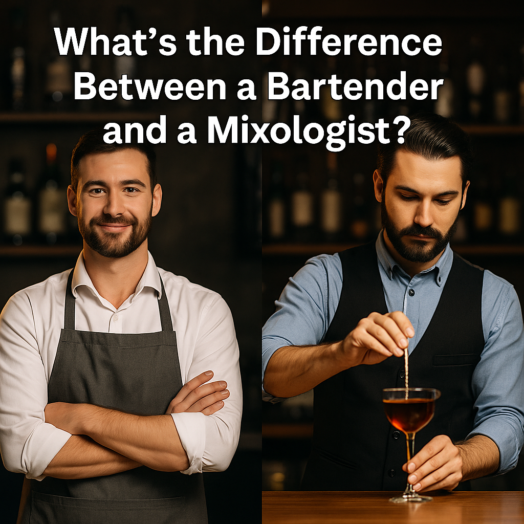A bartender and a mixologist side by side behind the bar: one smiling with arms crossed, the other focused on crafting a cocktail, highlighting their contrasting styles.