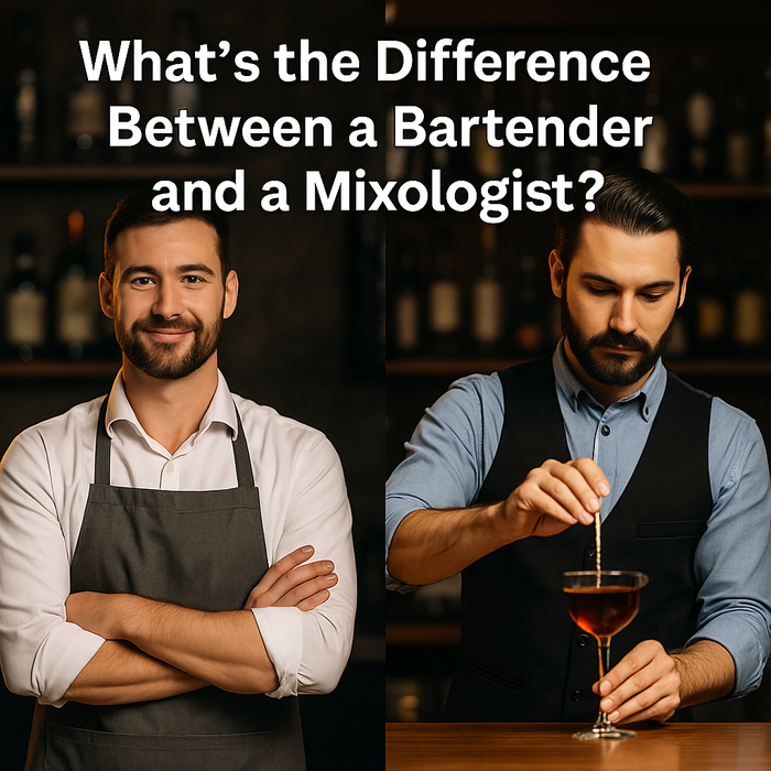 A bartender and a mixologist side by side behind the bar: one smiling with arms crossed, the other focused on crafting a cocktail, highlighting their contrasting styles.