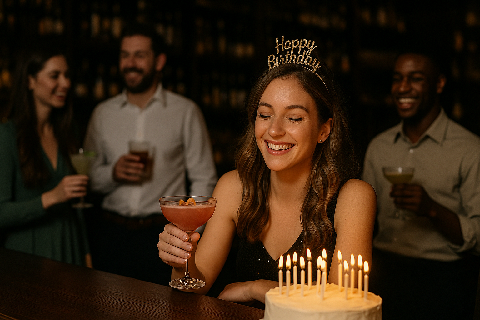 Young woman celebrating her birthday with friends and cocktails at a bar, wearing a Happy Birthday tiara and smiling behind a birthday cake