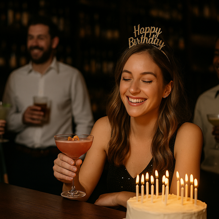 Young woman celebrating her birthday with friends and cocktails at a bar, wearing a Happy Birthday tiara and smiling behind a birthday cake