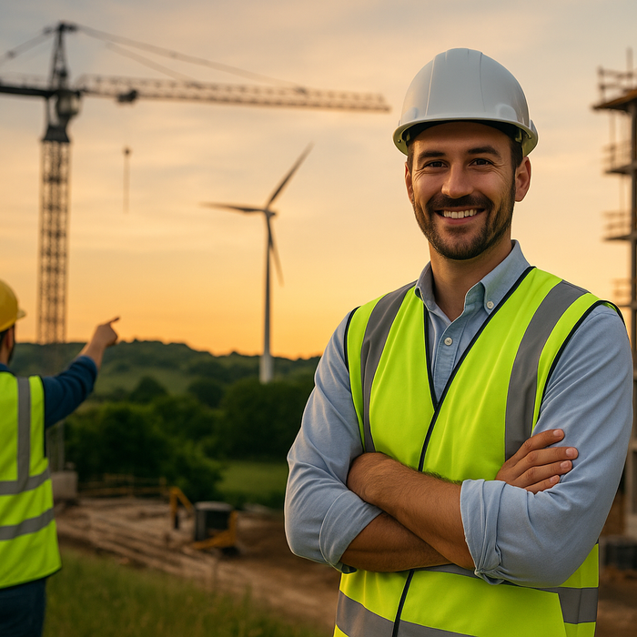 Construction project manager smiling on a sustainable job site at sunset, with crane and wind turbine in the background.