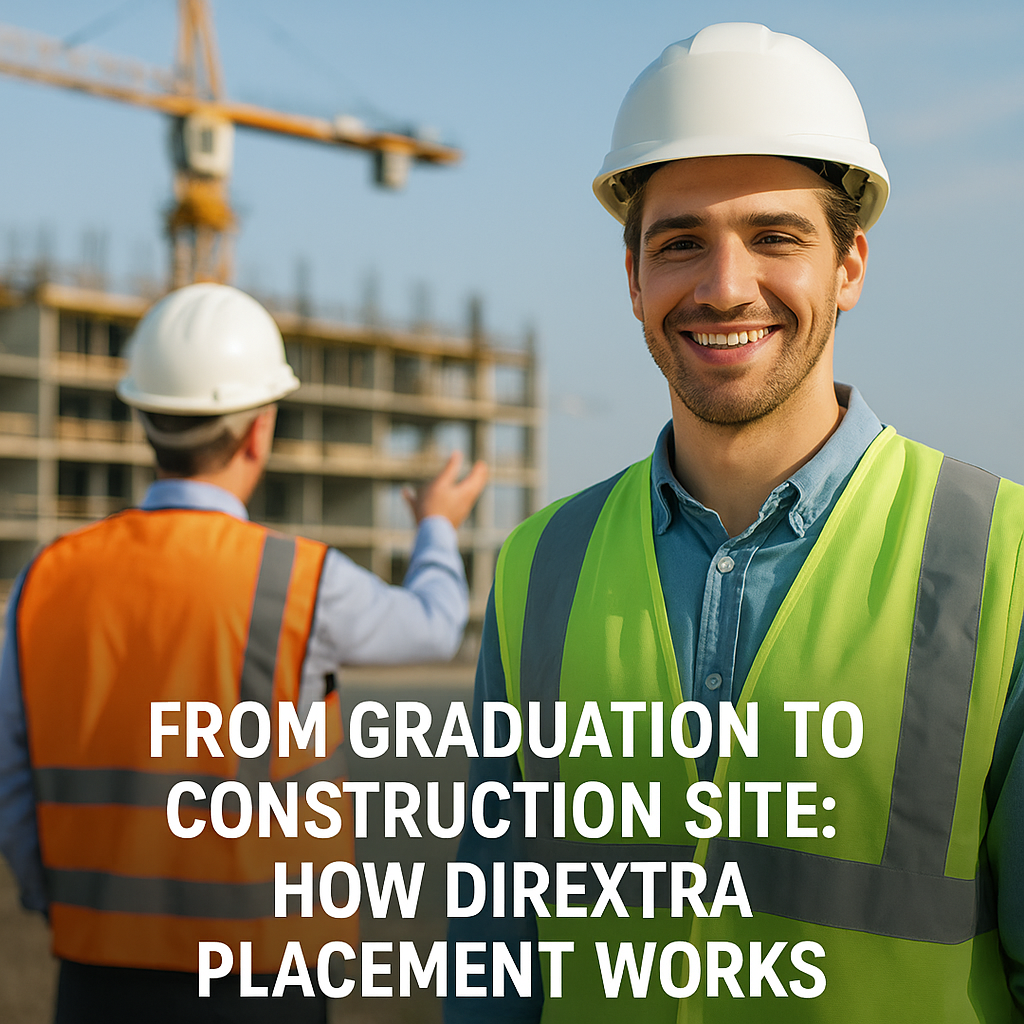 Young engineer smiling on a construction site with crane and colleague pointing in the background, representing the Dirextra placement system.