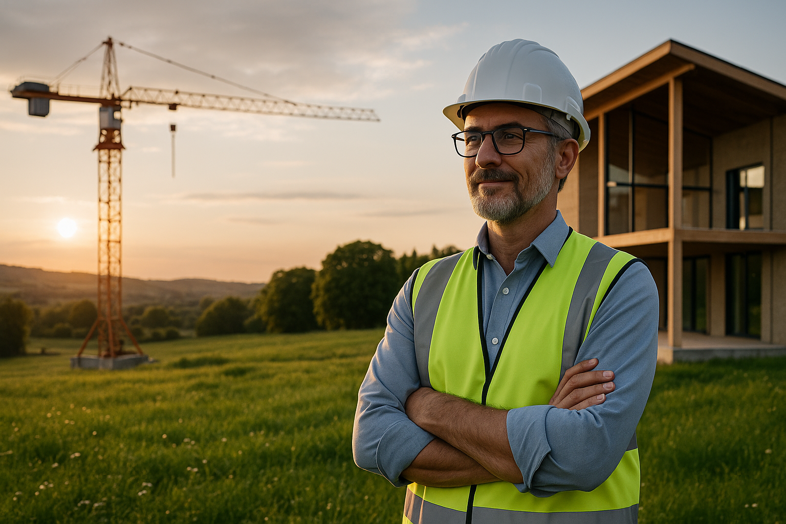 Civil engineer in a high-visibility vest standing in front of a sustainable construction site and a rural meadow at sunset