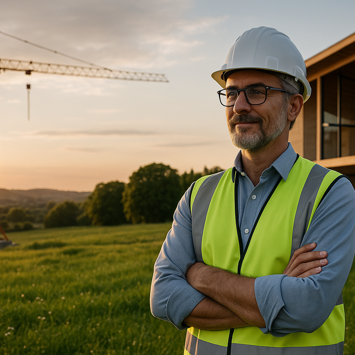 Civil engineer in a high-visibility vest standing in front of a sustainable construction site and a rural meadow at sunset