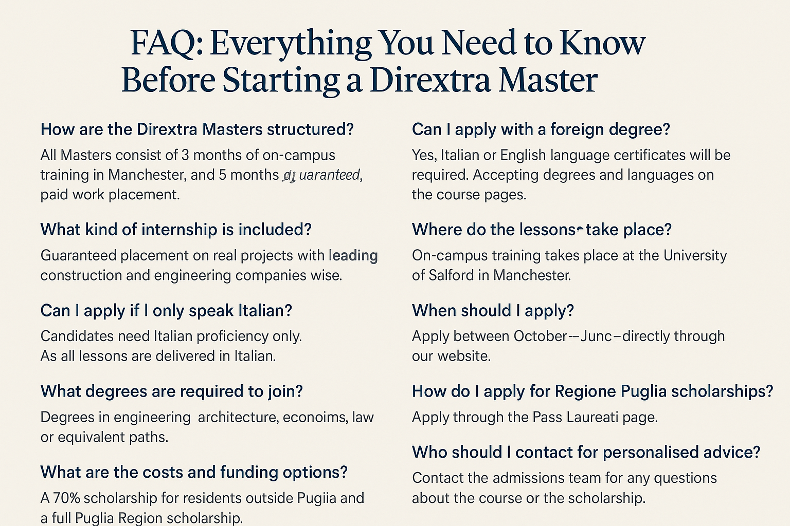FAQ Dirextra Master: Funding, Application, Placement, Deadlines
