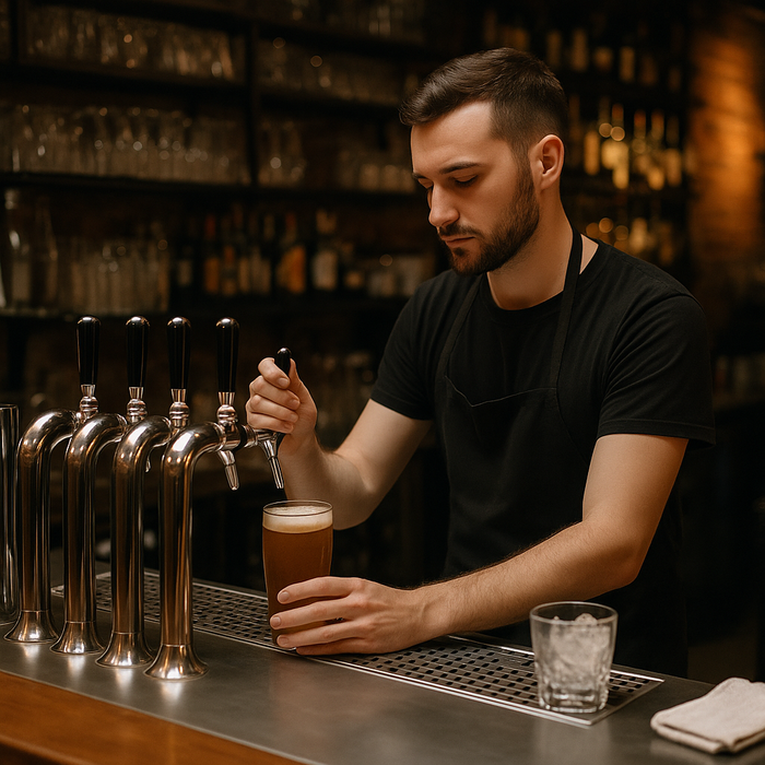 Young bartender pouring a pint on his first shift in a UK bar