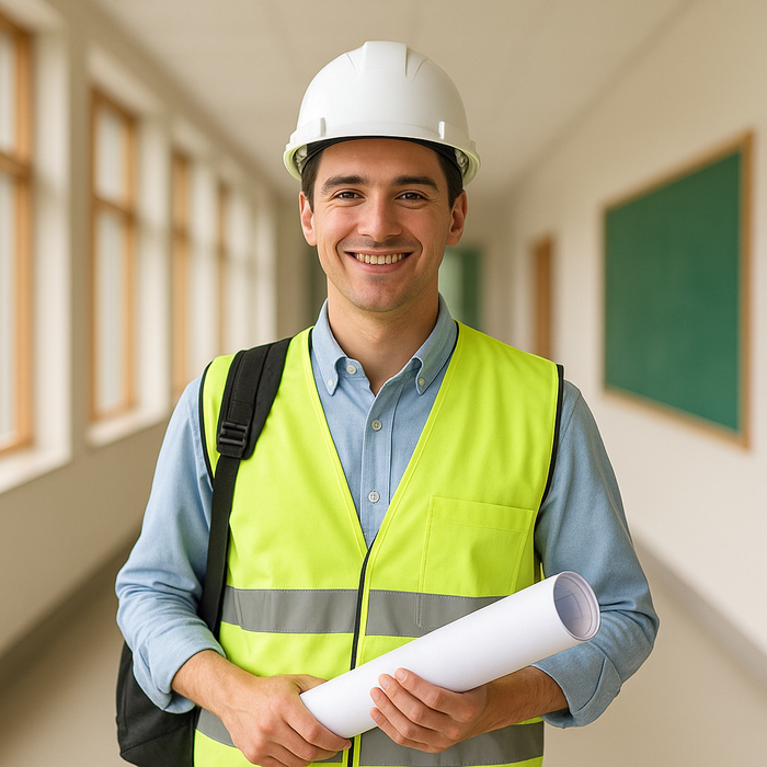 A young engineering student in a high-visibility vest and white hard hat smiling in a bright classroom hallway with greenery outside.