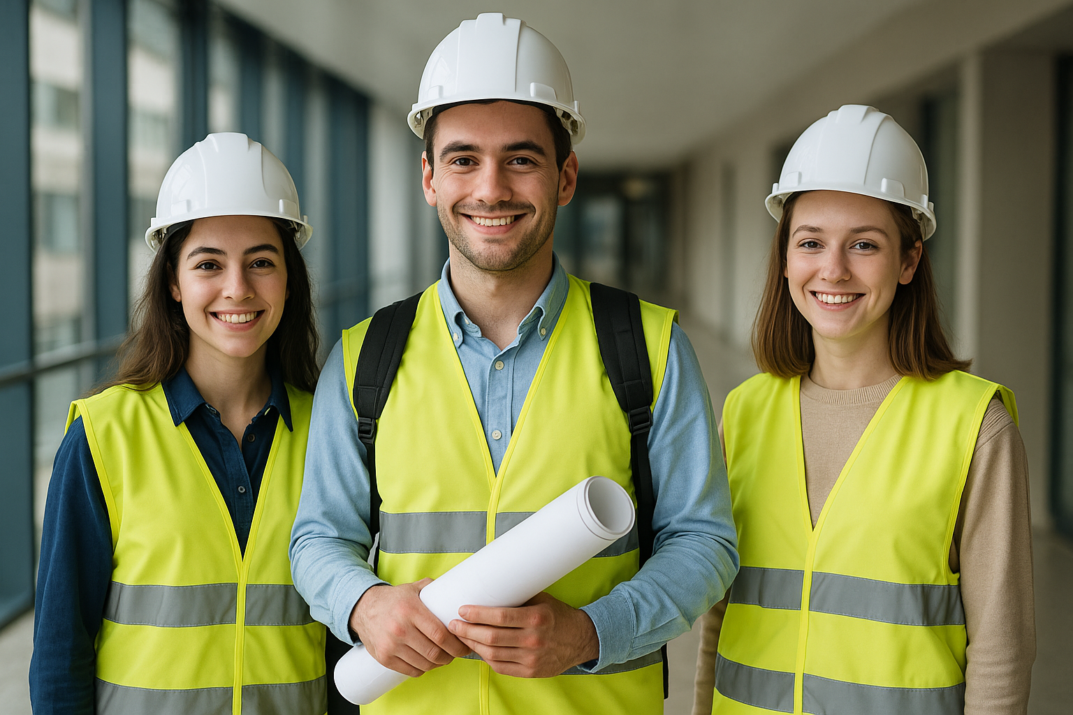Three smiling engineering students in high-visibility vests and helmets inside a bright hallway, with blueprints and backpacks, representing international technical training.