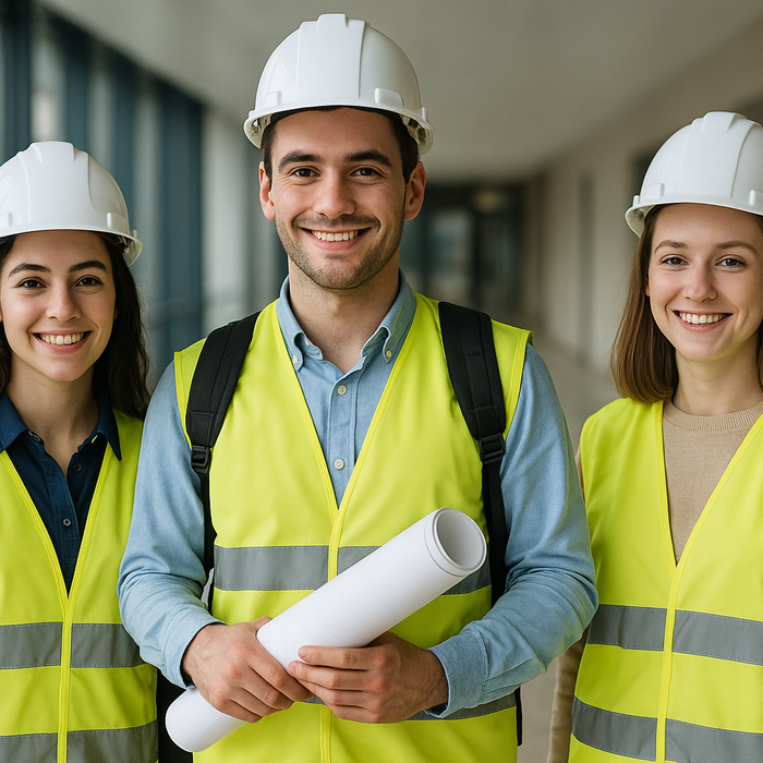 Three smiling engineering students in high-visibility vests and helmets inside a bright hallway, with blueprints and backpacks, representing international technical training.