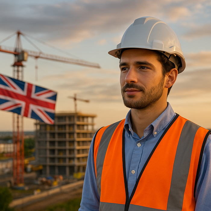 Young Italian civil engineer at an international construction site in the UK, with a Union Jack flag in the background at sunset.