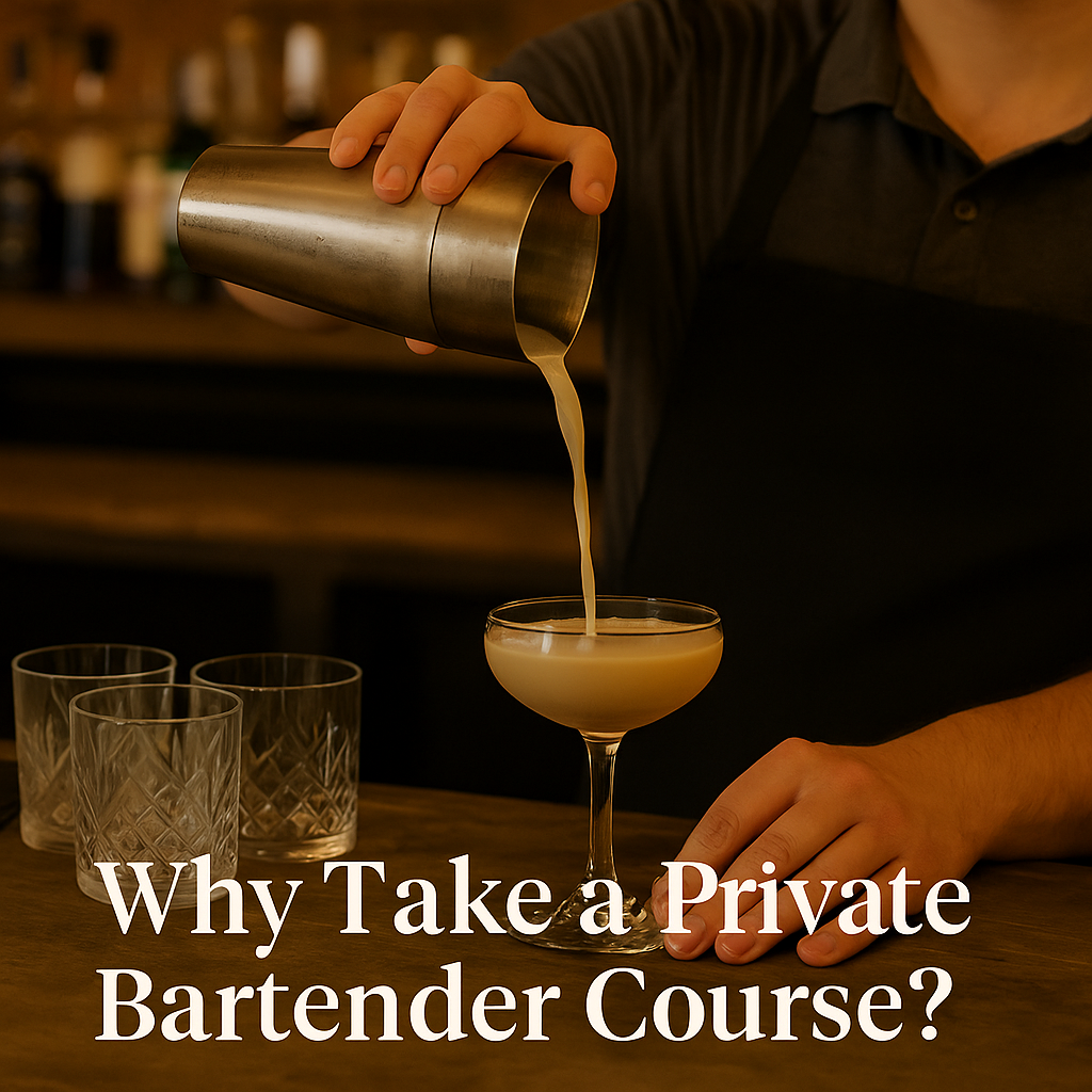 A bartender in training pouring a cocktail while receiving one-on-one instruction behind a bar in Manchester.