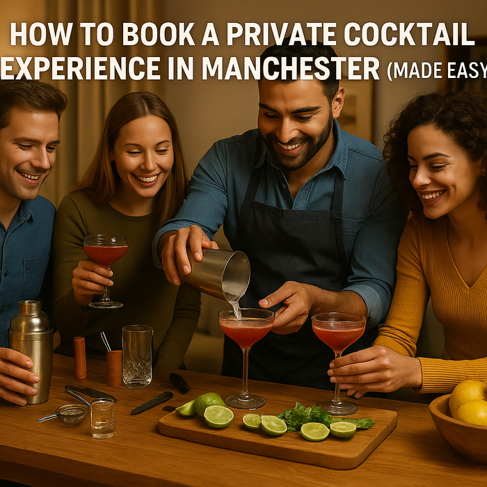 A group of four friends enjoying a private cocktail class at home, smiling and mixing drinks with fresh ingredients on a wooden table.