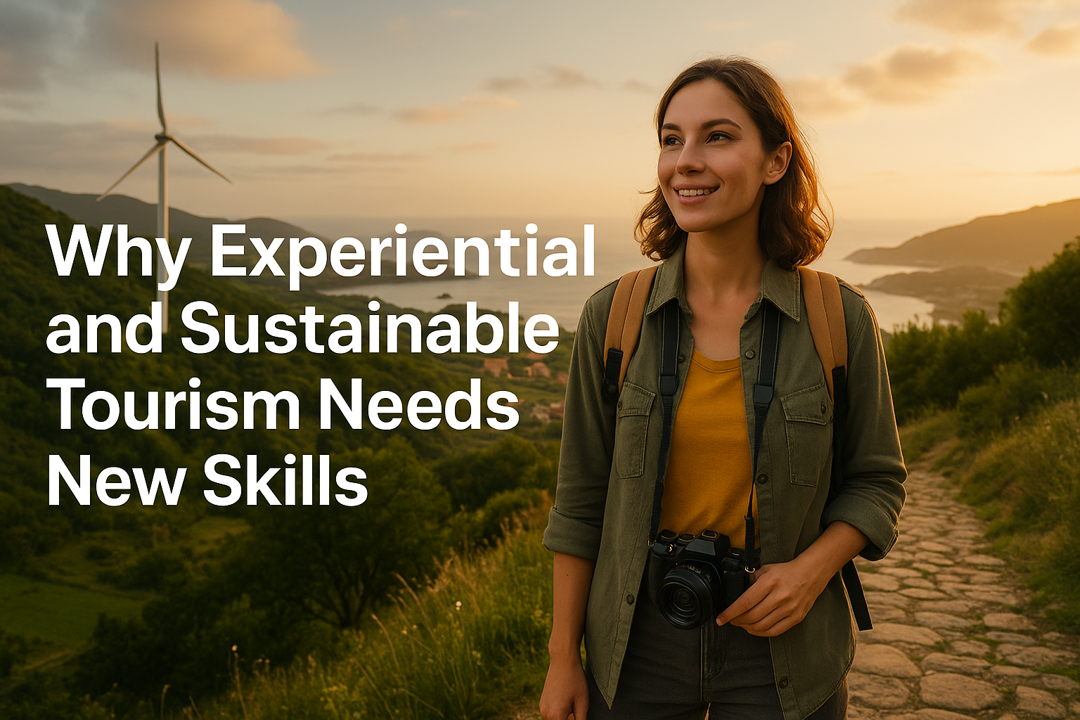 Young tourism professional standing on a stone path at sunset, overlooking green hills, a bay, and a wind turbine — representing the evolution of sustainable tourism.